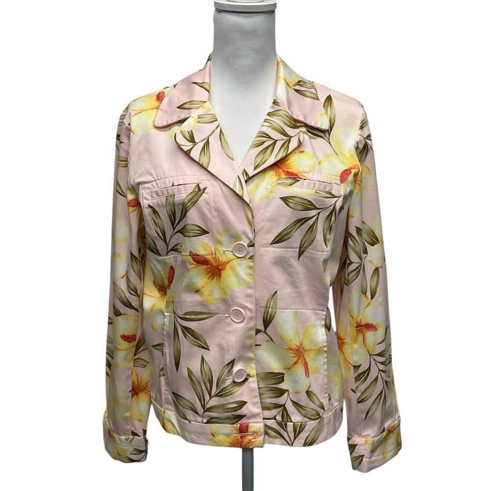 Jamaica Bay Jacket Size Large Pink Tropical Aloha Print Stretch Cotton Casual
